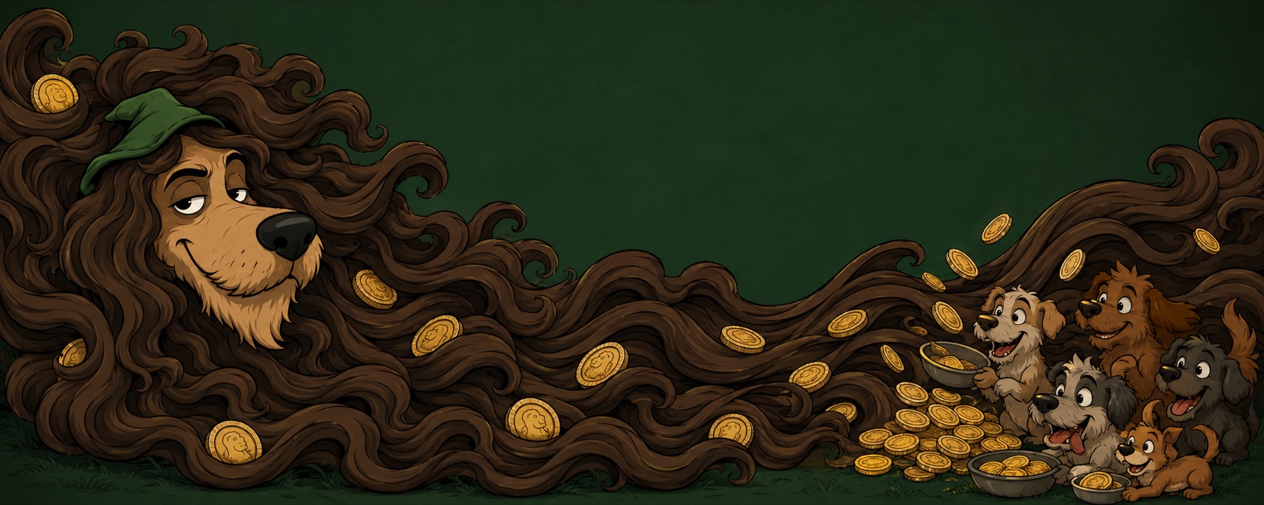 The hound's enormous mane rolls like a wave, carrying gold coins to happy strays
